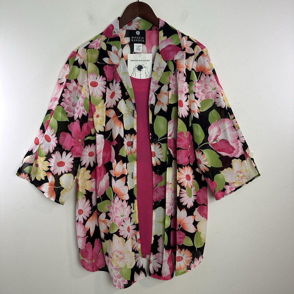Maggie Barnes Womens 2X Pink Floral Pullover‎ Two-Fer Tunic Top Metallic NWT